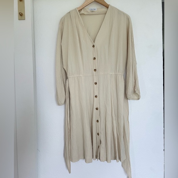 Calvin Klein Button Down Shirt Dress Womens 6 Medium Textured Belt Tie Waist - Picture 4 of 11